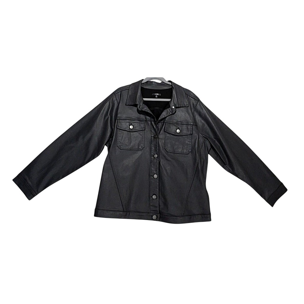 NYDJ Jeans Jacket 1X 18 Denim Coated Black Gray Waxed Oilskin Bikercore Trucker